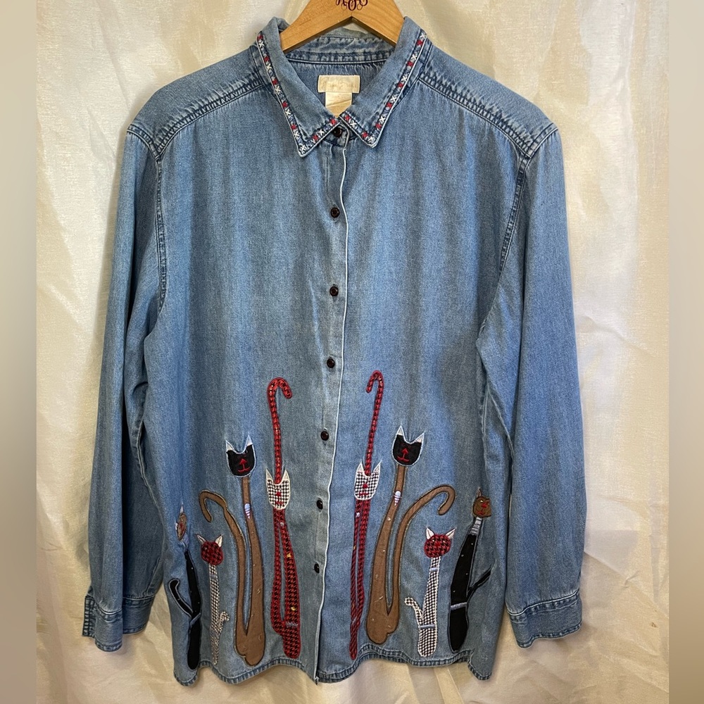 Cat Embroidered Denim Blue Jean Long Sleeve Button Down Blouse Shirt Top